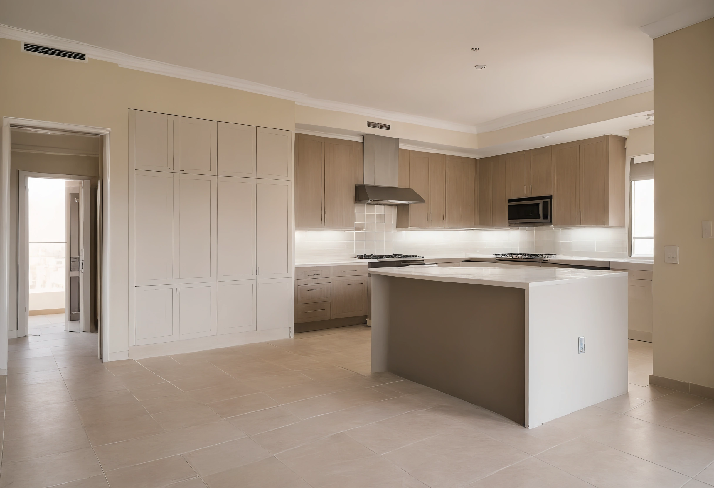 Empty Dubai apartment with a kitchen island, light wood cabinets and a balcony door before renovation work begins