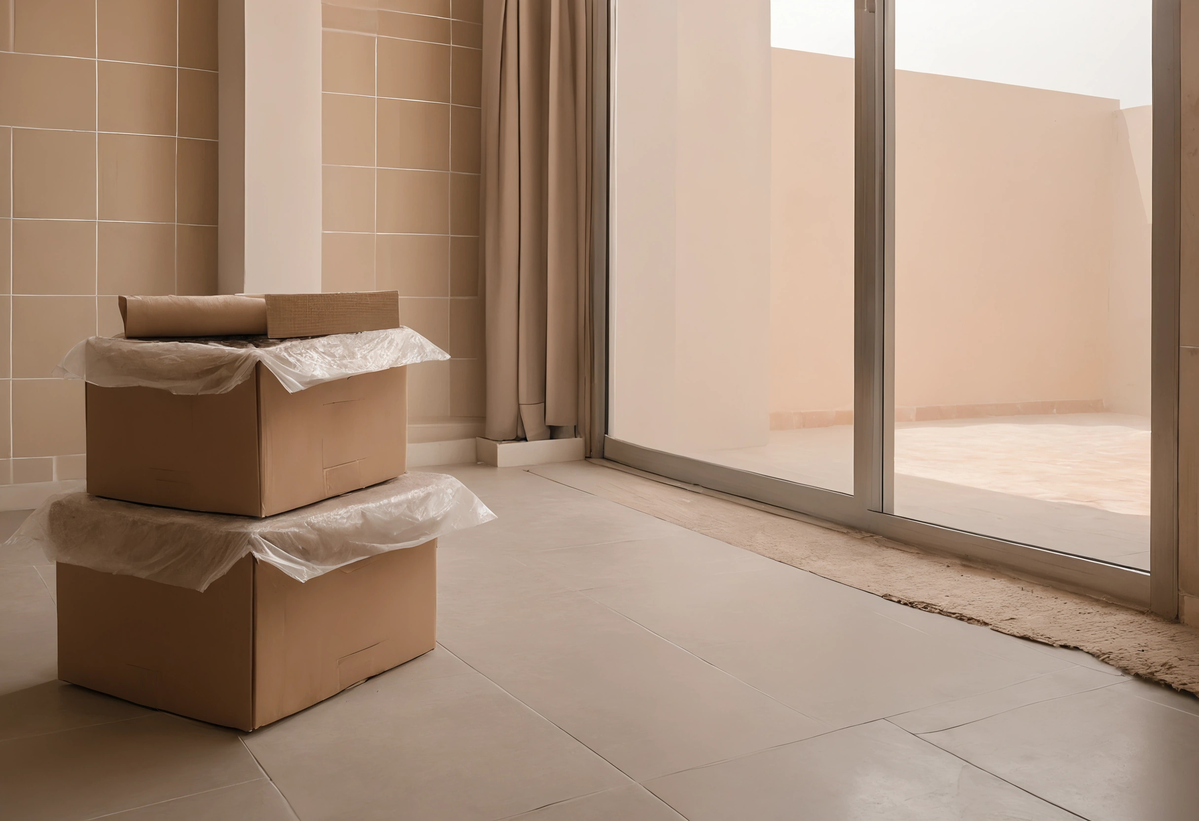 Open delivery boxes of renovation materials on a tiled floor beside a sliding door in a Dubai apartment